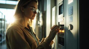 Female engineer adjusting modern control panel in high-tech facility during sunset, showcasing professional expertise in a cutting-edge environment. Adjustment electrical panel photo