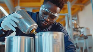 Scientist conducting an experiment in a laboratory with precision and focus. Stream of fuel pouring photo
