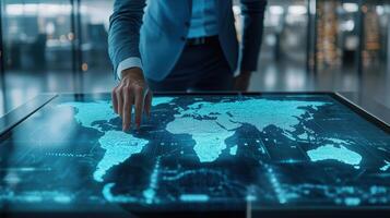Young caucasian male using interactive digital world map in futuristic office environment for strategic global business planning. Weather service office photo