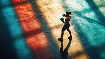 Female boxer in motion, young caucasian woman training in colorful light, shadow on textured gym floor, captivating fitness scene. Ring boxing competitions photo