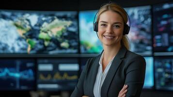 Confident young caucasian female professional in a control room setting, wearing a headset and smiling, with a digital world map background. Weather service office photo
