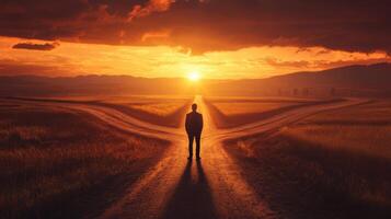 Silhouetted young male stands at a forked path in the countryside, watching a stunning orange sunset over expansive fields and cloudy sky. Deadline approaching photo