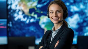 Confident young caucasian female professional in formal suit with headset smiling in front of vibrant world map display in a modern office. Weather service office photo