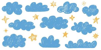 Crayon drawn kids clouds and cute stars set. Hand drawn various cloud shapes. Childish doodle naive icons pastel texture. Naive style childish elements isolated on white background vector