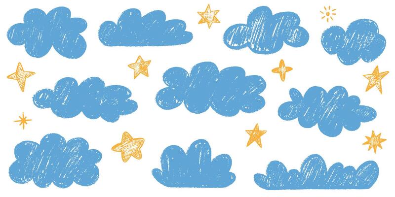 Crayon drawn kids clouds and cute stars set. Hand drawn various cloud shapes. Childish doodle naive icons pastel texture. Naive style childish elements isolated on white background