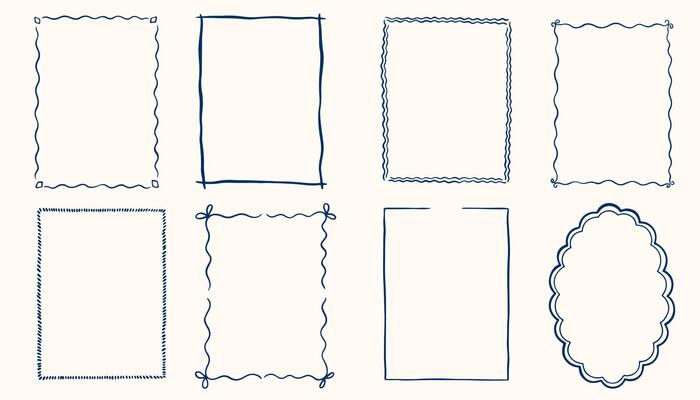 Hand drawn ink vintage frames in marine sea coastal style. Stamp or letter mark frames for greeting cards, wedding, birthday party, invitations. Minimalist coquette borders., Sketch art line