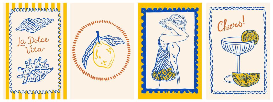 Hand draw la dolce vita vintage posters with lemon. Italian amalfi sicily style vacation illustrations in ink line doodle sketch style. Chalk charcoal style drawing for poster,, placard or print