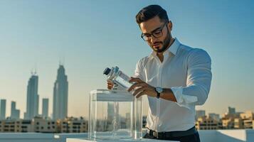 Elegant businessman conducting scientific experiment outdoors in urban skyline setting. Stream of fuel pouring photo