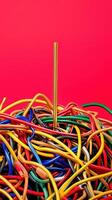 A vibrant tangle of multicolored wires with a central gold straw against a bold red background illustrates complex electronic concepts. Deadline approaching photo