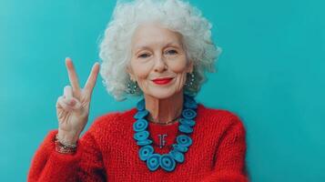 Elderly caucasian female showcasing vibrant style with curly white hair, wearing red sweater and turquoise necklace against bright blue background, flashing a cheerful peace sign photo