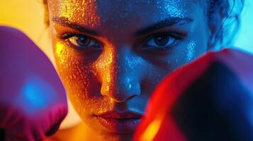 Intense focus of young caucasian female boxer illuminated by vibrant lighting with red boxing gloves and determined expression. Ring boxing competitions photo