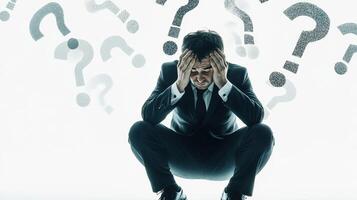 Caucasian male adult in a formal suit squats with a stressed expression amid large question marks, symbolizing confusion and indecision. Deadline approaching photo