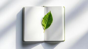Minimalist nature concept with leaf on open notebook for creative design inspiration. Symbolism of fresh starts photo