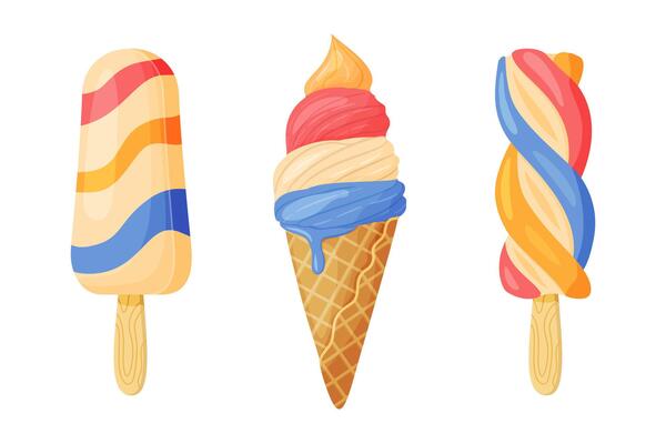 Delicious ice creams, layered Ice pop, waffle cone and Fruity twisted Ice pop. Hand drawn flat style isolated illustration For dessert menu, ice cream packaging, poster social media, summer food