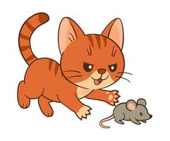 Mischievous red tabby cat chasing small gray mouse. Chibi ginger kitten in Flat style clean, simple design. For childrens book, story illustrations, greeting cards, stickers, tshirts, mug and posters vector