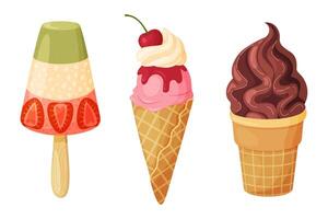 Delicious ice creams layered ice cream, waffle cone and chocolate soft serve cone. Hand drawn flat style isolated illustration For dessert menu, ice cream packaging, poster social media, summer food vector