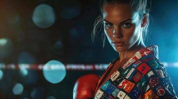 Determined young caucasian female boxer in vibrant flag jacket with red gloves in a dynamic studio setting against a bokeh background. Ring boxing competitions photo