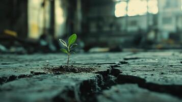 Resilience and growth, a green seedling thriving in cracked ground. Symbolism of fresh starts photo