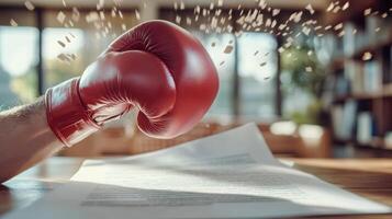 Powerful symbol of resilience, red boxing glove punching through paper amid floating debris in sunlit office setting. Ring boxing competitions photo
