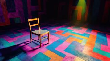 Wooden chair in a vividly colored abstract room with geometric patterns illuminated by a dramatic spotlight. Deadline approaching photo