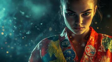 Intense young female with colorful attire standing in dramatic lighting amidst smoke and sparkles in gritty urban setting. Ring boxing competitions photo