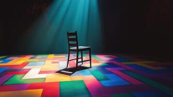 Solitary chair in spotlight on colorful puzzle floor illuminated by dramatic lighting in dark room creating an artistic and surreal ambiance. Deadline approaching photo