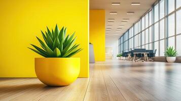 Modern office interior with bright yellow accents and indoor greenery for inspirational workspace design. Symbolism of fresh starts photo