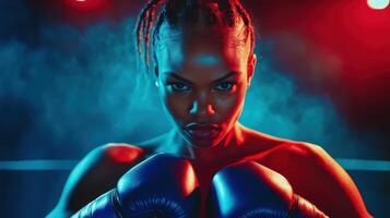 Intense portrait of african female boxer in dramatic blue and red lighting emphasizing strength and focus in athletic competition setting. Ring boxing competitions photo