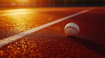 Baseball on sunlit sports field at sunset - inspirational summer evening scene. Symbolism of fresh starts photo