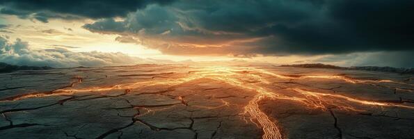 Dramatic volcanic landscape with glowing lava veins under dark ominous clouds at sunset showcasing nature's raw power and earth's fiery core. Infrastructure crypto mining photo