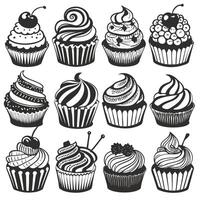 Twelve Distinctive Cupcake Sketches in a Grid Arrangement vector