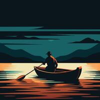 A Tranquil Night Scene of a Person Rowing a Small Boat on Calm Waters Under a Full Moon vector