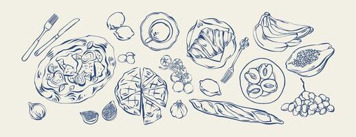 Mediterranean food and fruit hand drawn sketch vintage style set with pizza, croissant, baguette, fig, lemon, grape, utensils. For culinary design, branding, menu, packaging. Rustic ink drawing vector
