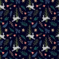 Whimsical Rabbit and Forest Seamless Pattern. Rabbit leaping among stylized trees, stars, and leaves. Dark background accentuates colorful natural elements. Perfect for textiles and wallpapers. vector