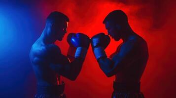 Two male athletes in intense boxing face-off against a vibrant backdrop, showcasing strength and determination in dynamic athletic competition. Ring boxing competitions photo