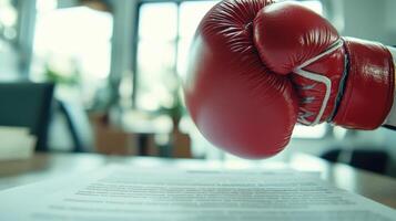 Red boxing glove punches document on table in bright office setting, symbolizing challenge and determination in business environment. Ring boxing competitions photo