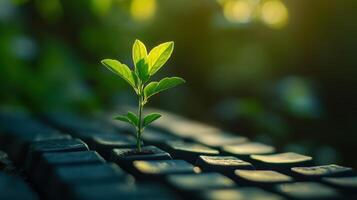 A small green plant grows through black computer keyboard keys symbolizing innovation, resilience, and nature's victory in a technology-driven world. Eco-friendly computer technology photo