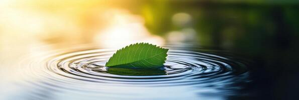Serene leaf floating on rippling water at sunset. Symbolism of fresh starts photo