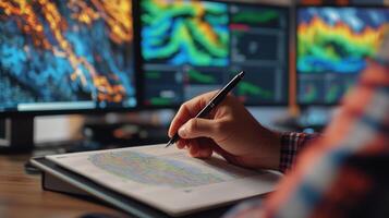 Male geologist analyzing geological maps and data on monitors in a modern office, using a pen for detailed study and interpretation. Weather service office photo