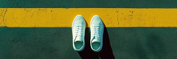 Minimalist aesthetic of sneakers on vibrant yellow stripe on asphalt surface. Symbolism of fresh starts photo