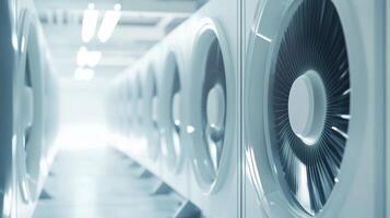 Row of industrial fans in a modern cooling facility highlighting technology and efficiency of climate control systems. Infrastructure crypto mining photo