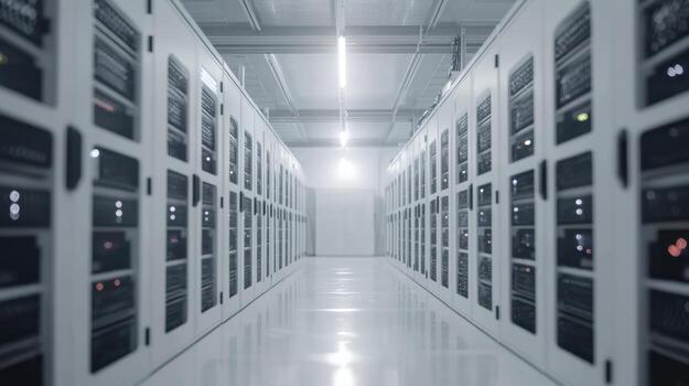 Vast modern data center with illuminated server racks in a symmetrical arrangement and shiny white floors highlighting technology advancements. Infrastructure crypto mining photo