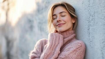 Smiling young caucasian female in cozy pink sweater embracing warmth and joy in serene outdoor setting with eyes closed and relaxed expression against soft textured background wall photo