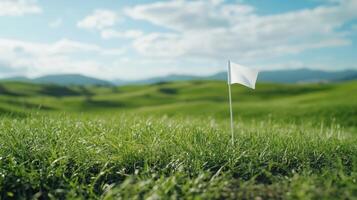 Serene landscape with white flag in green rolling hills for peace concept design. Symbolism of fresh starts photo