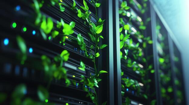 Green technology concept, vibrant greenery growing on modern server racks in a futuristic data center showcasing sustainable innovation. Eco-friendly computer technology photo