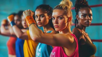 Diverse group of determined young women training in gym with intense focus, strength, and unity in colorful athletic wear displaying empowerment. Ring boxing competitions photo
