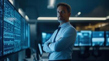 Confident mature caucasian male analyzing data in high-tech control room with advanced monitors and screens displaying technical information. Adjustment electrical panel photo
