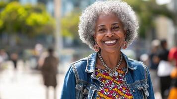 Elderly african female smiling outdoors in colorful attire with natural grey hair and denim jacket, enjoying a bright day in urban setting with trees and people in background photo