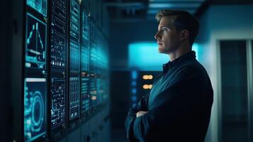 Caucasian male adult analyzing data on futuristic digital screens in a high-tech server room with blue lighting and advanced technology. Adjustment electrical panel photo