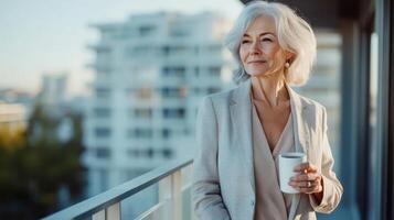 Elegant mature caucasian female on balcony enjoying morning coffee in a modern urban setting with a thoughtful expression and stylish gray hair photo